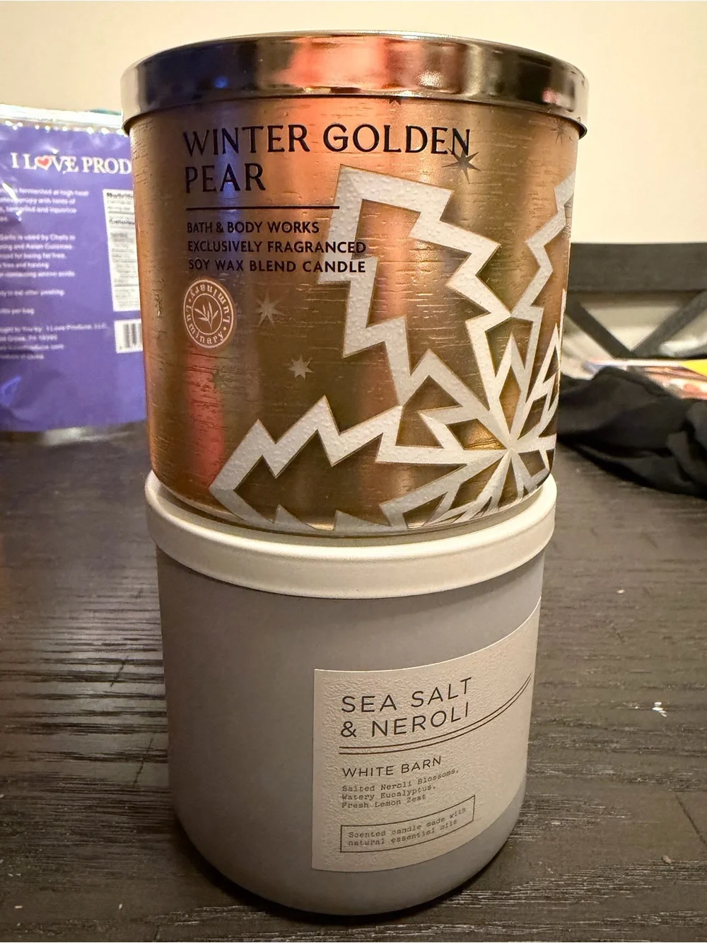 Bath & Body Works Winter Pear Candle - Gold & White and Sea Salt & Neroli
